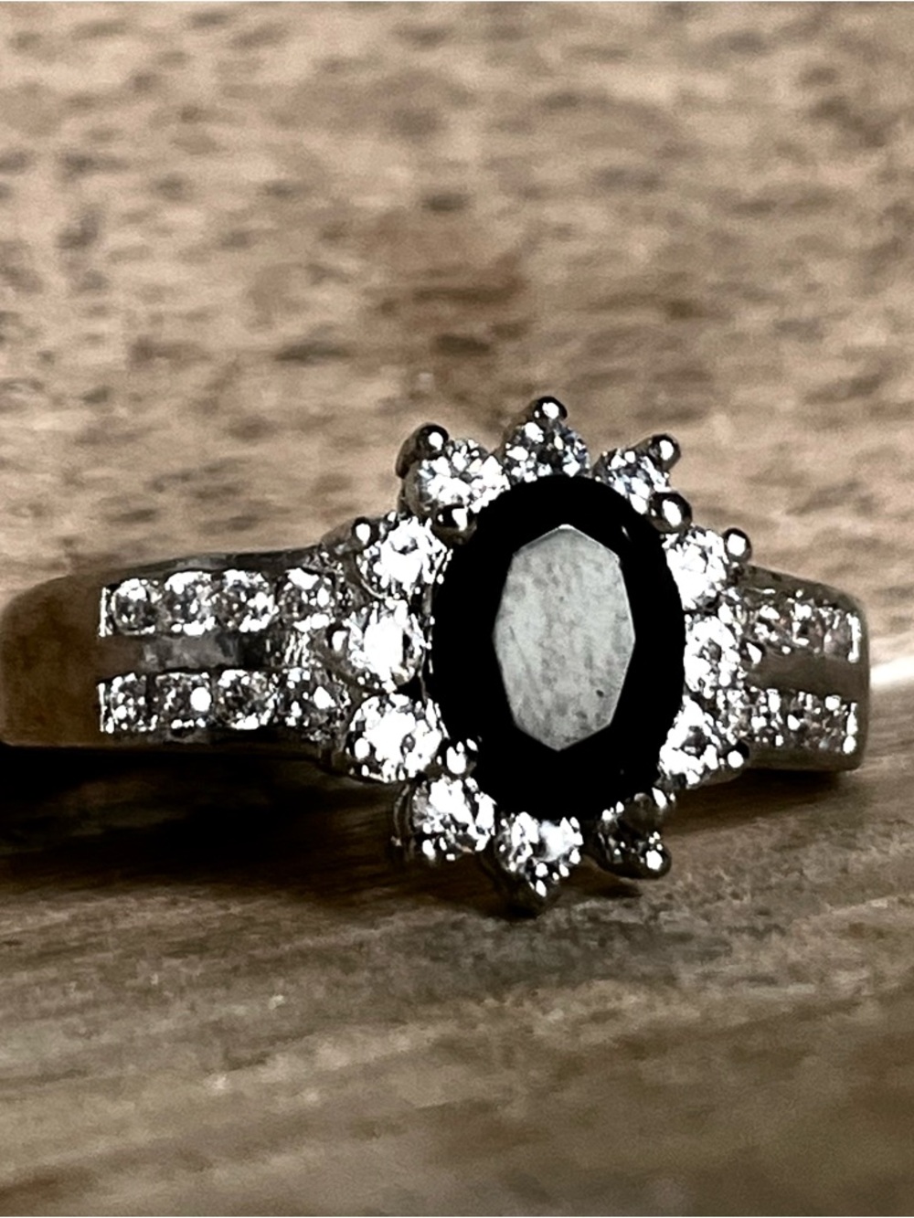 White Gold-Plated Black Onyx Stone Halo Ring with Clear Accent CZ Stones - Picture 2 of 4